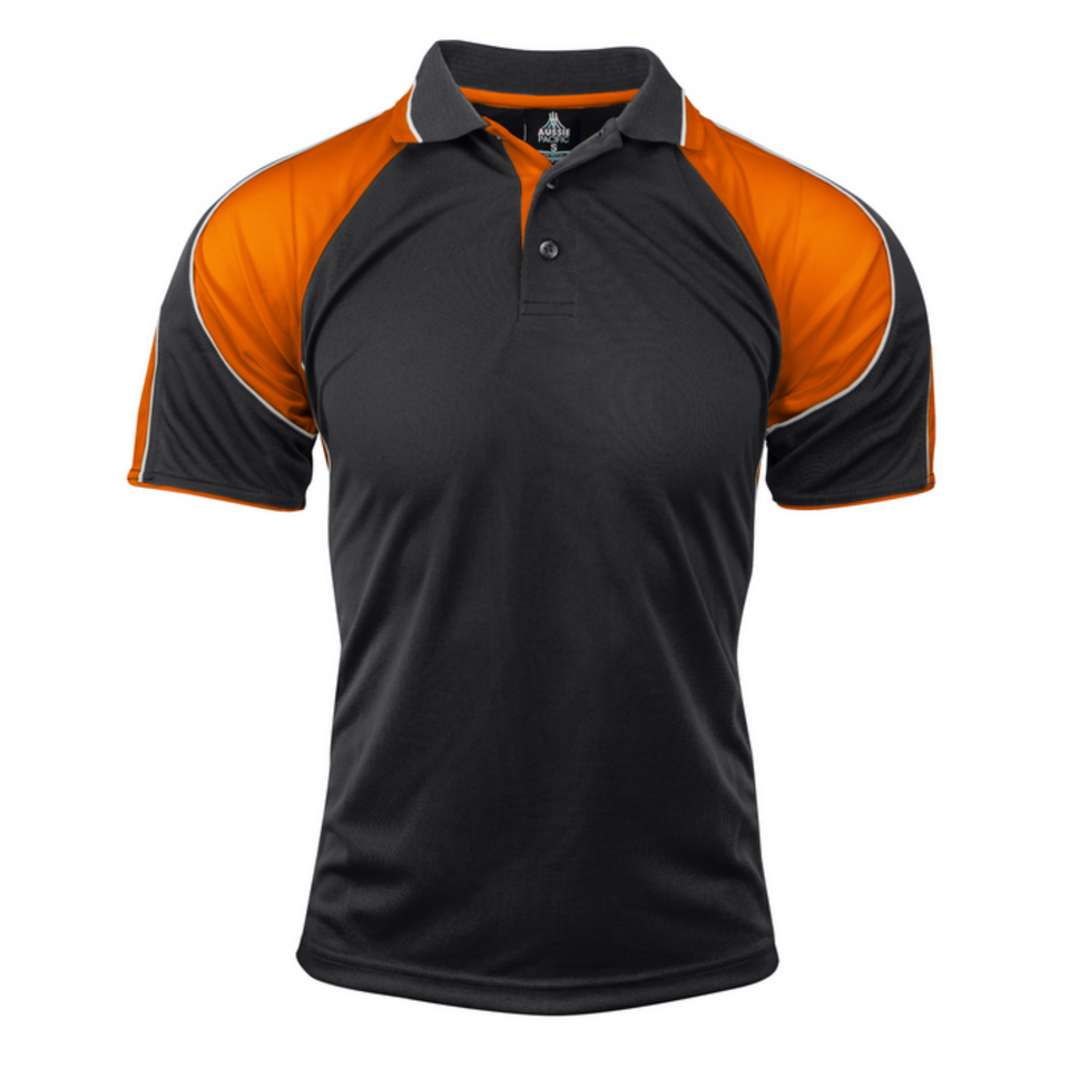 Black+Orange MURRAY Men's Sports Polo featuring Mini Waffle Driwear fabric for moisture-wicking comfort, a classic three-button placket, and a breathable fit for golf, team sports, or corporate uniforms.