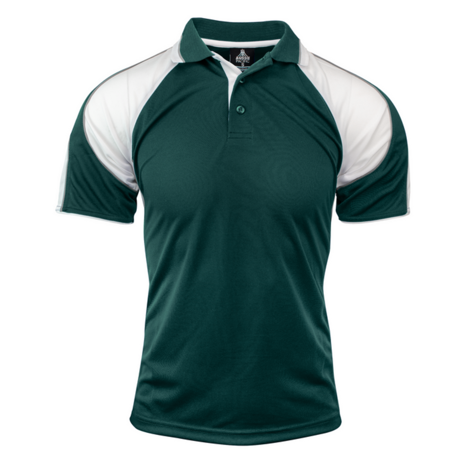 Bottle+White MURRAY Men's Sports Polo featuring Mini Waffle Driwear fabric for moisture-wicking comfort, a classic three-button placket, and a breathable fit for golf, team sports, or corporate uniforms.