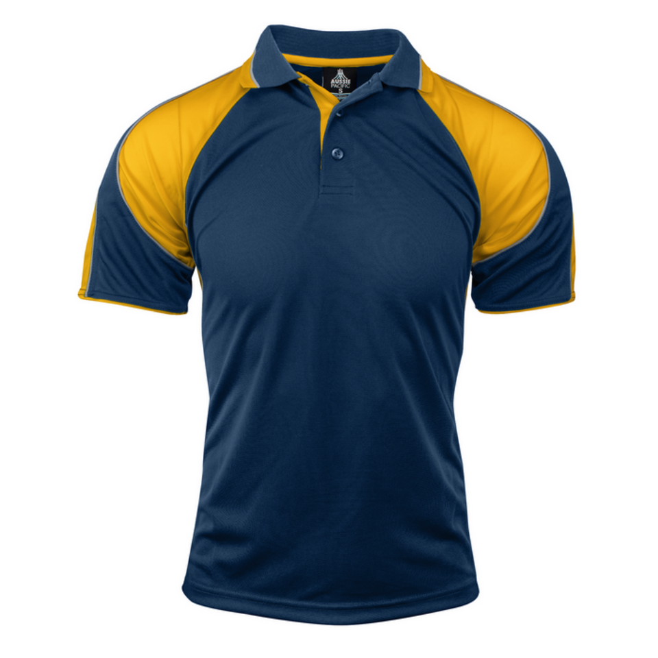 Navy+Gold MURRAY Men's Sports Polo featuring Mini Waffle Driwear fabric for moisture-wicking comfort, a classic three-button placket, and a breathable fit for golf, team sports, or corporate uniforms.
