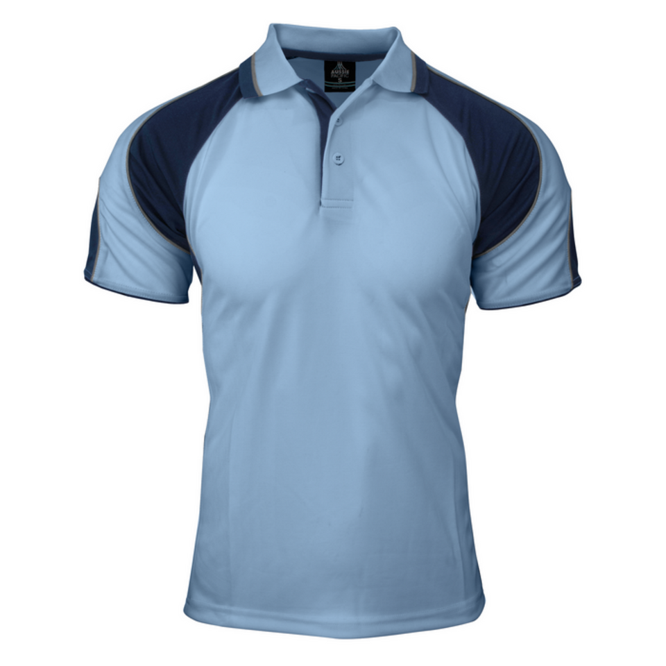 Sky+Navy MURRAY Men's Sports Polo featuring Mini Waffle Driwear fabric for moisture-wicking comfort, a classic three-button placket, and a breathable fit for golf, team sports, or corporate uniforms.