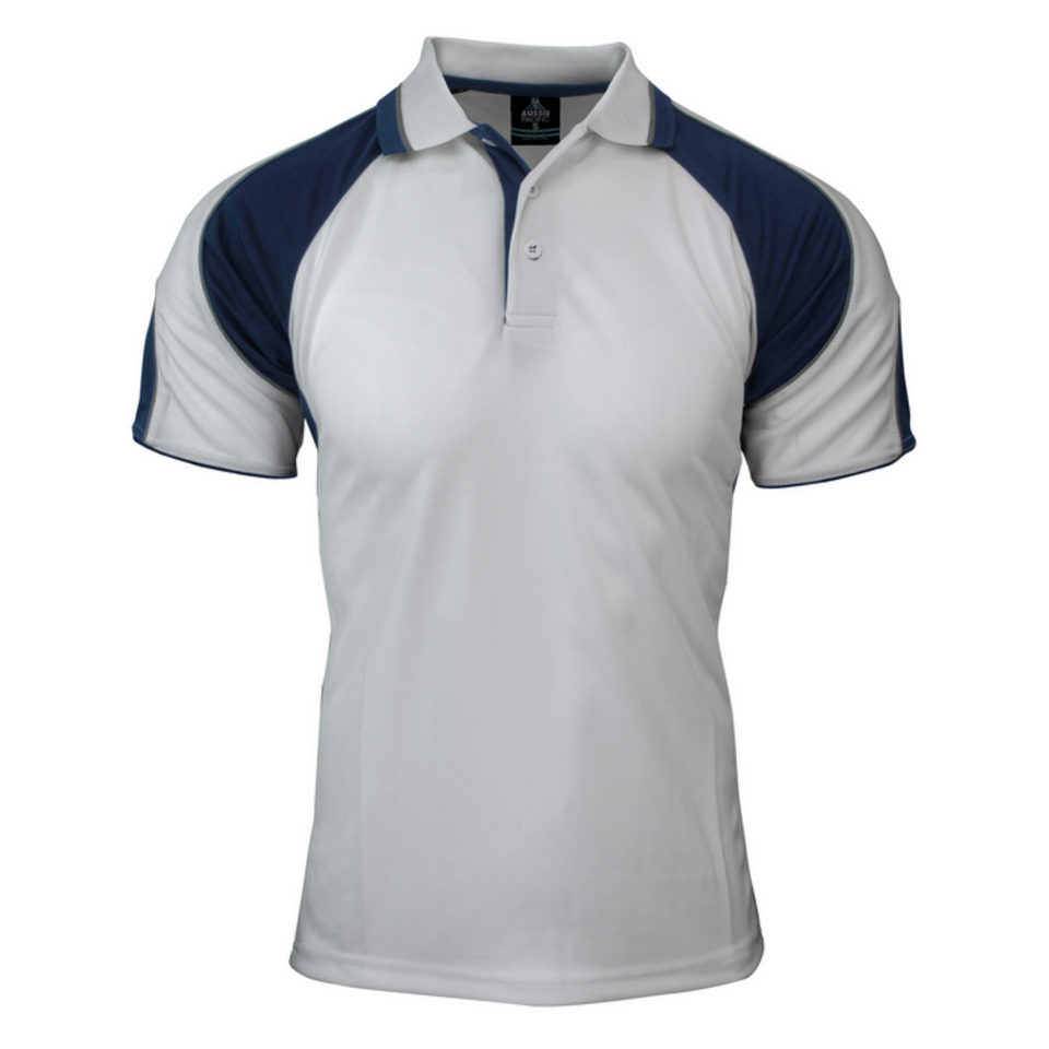 White+Navy MURRAY Men's Sports Polo featuring Mini Waffle Driwear fabric for moisture-wicking comfort, a classic three-button placket, and a breathable fit for golf, team sports, or corporate uniforms.
