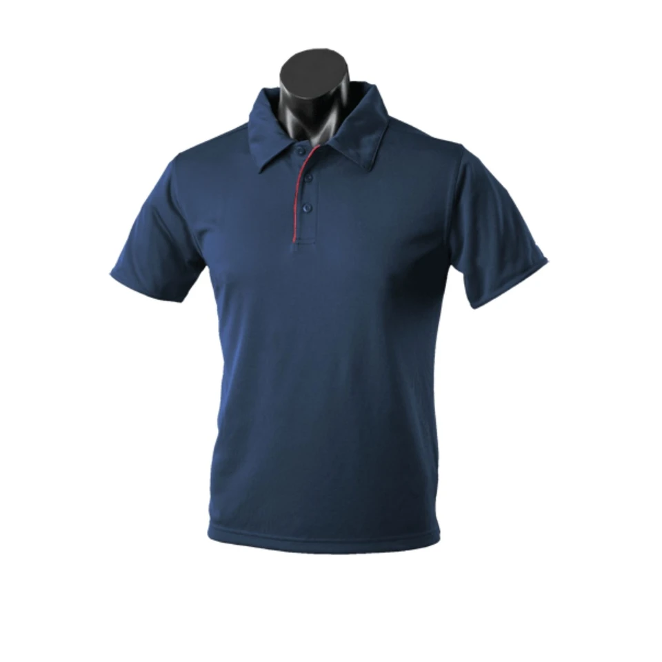 Navy blue polo shirt with burgundy contrast piping on collar and placket