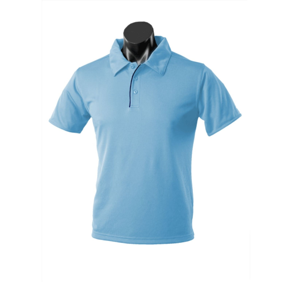 Sky blue polo shirt with contrast piping detail and button placket on mannequin