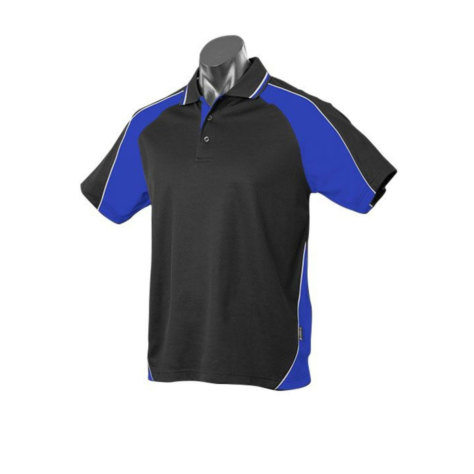 Black polo shirt with royal blue side panels and white piping detail on sleeves