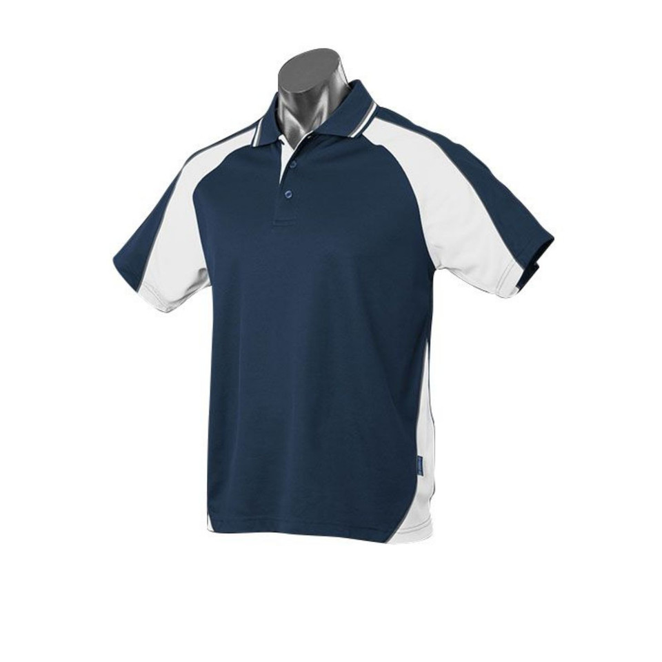 Navy polo shirt with white side panels and sleeve contrast inserts