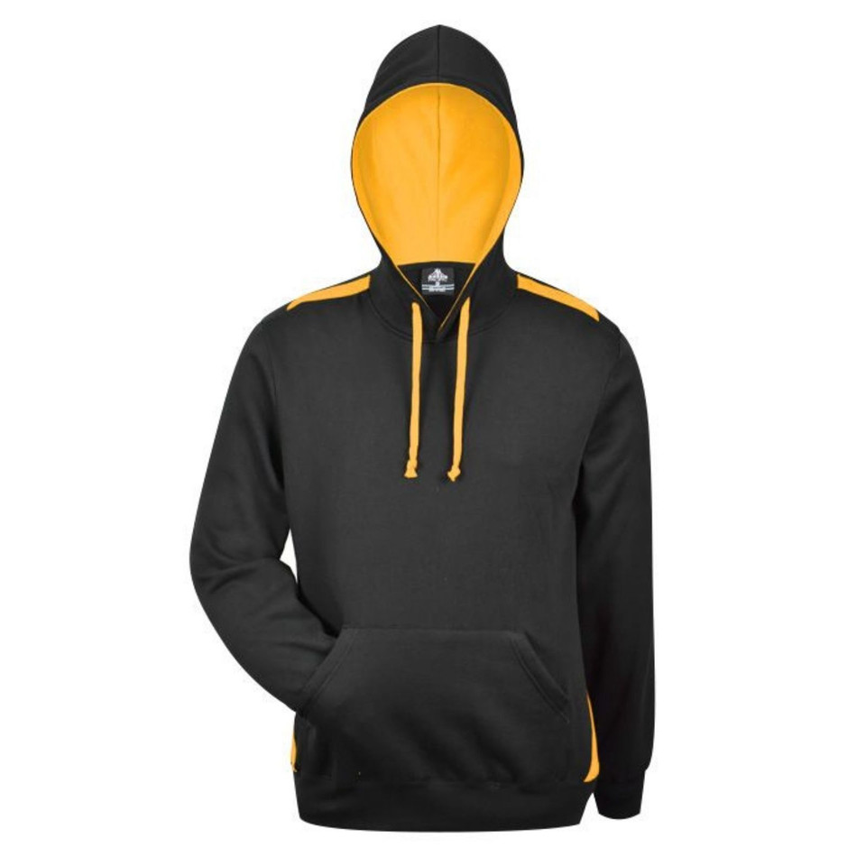 Black fleece hoodie with golden yellow contrast hood lining, drawcords and shoulder panel detailing