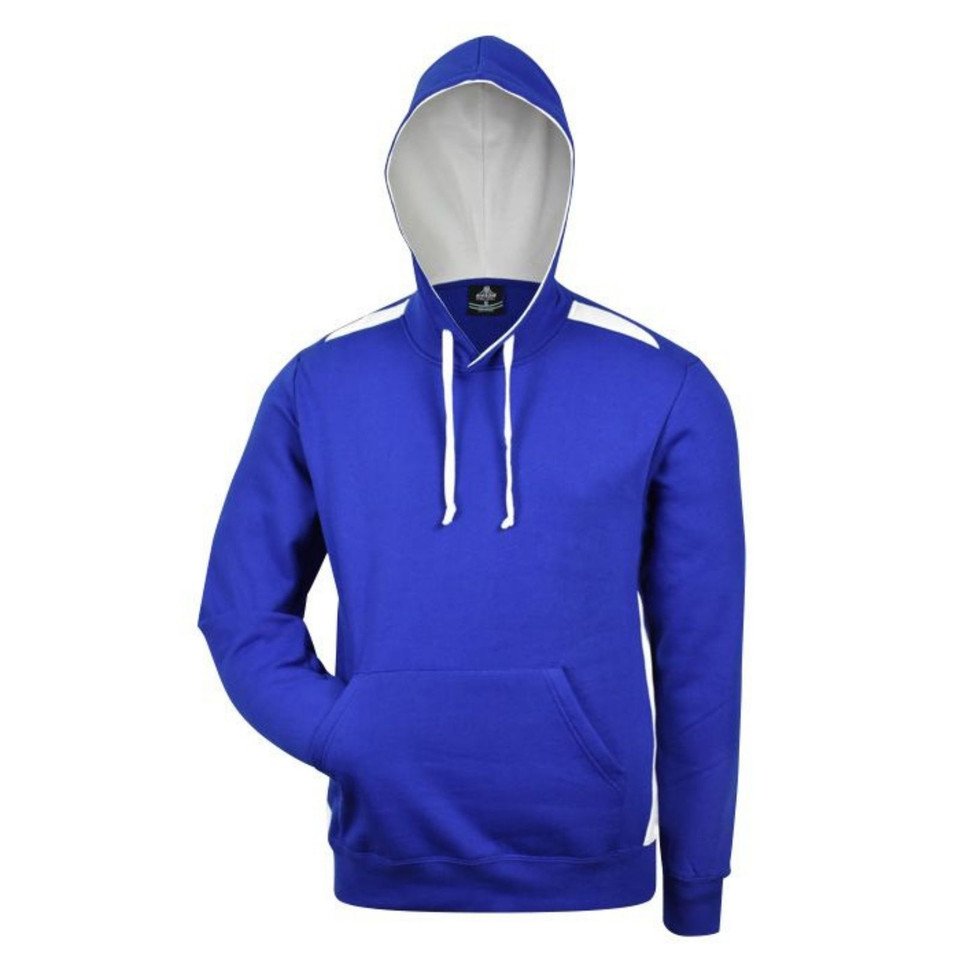 Royal blue fleece hoodie with contrasting grey hood lining and white drawcords on mannequin