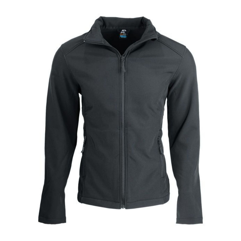 Charcoal grey softshell jacket with full-length zip and high collar for decoration