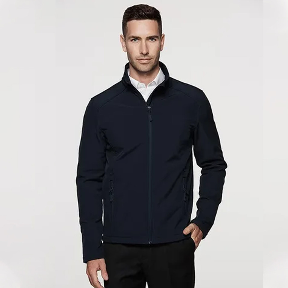 Plain Infinity men's 2-layer performance softshell jacket, featuring wind-resistant, water-repellent finish, bonded fleece lining for warmth, and multiple zip pockets for work or outdoor wear.