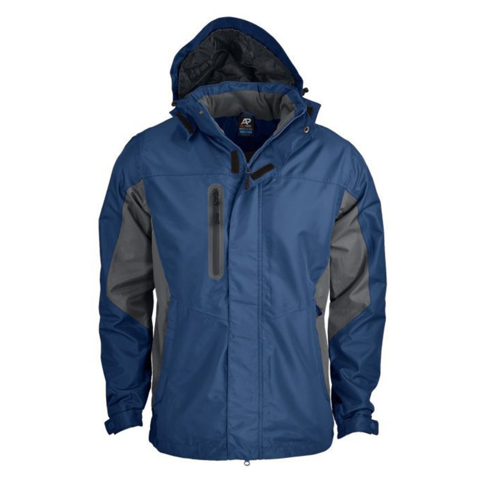Navy SUMMIT men's waterproof and seam-sealed jacket with a brushed fleece lining, featuring a detachable hood and high-performance weather protection (WP 5000/BP 5000) for cold-weather outdoor and work use.