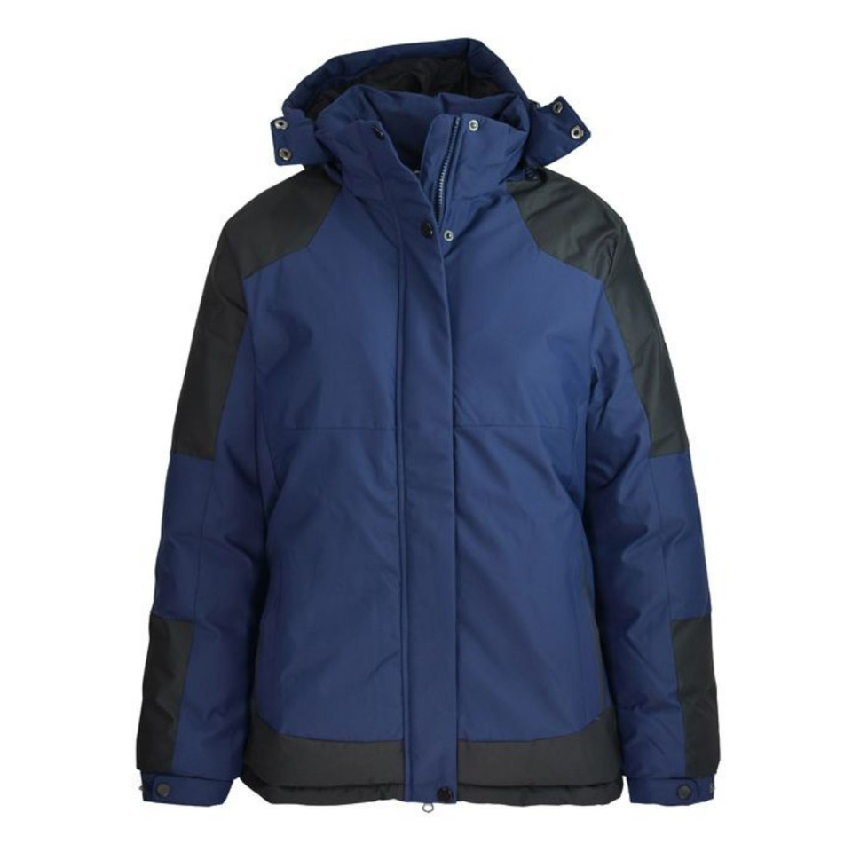 Navy blue padded waterproof jacket with black contrast panels on shoulders and hem, featuring detachable hood