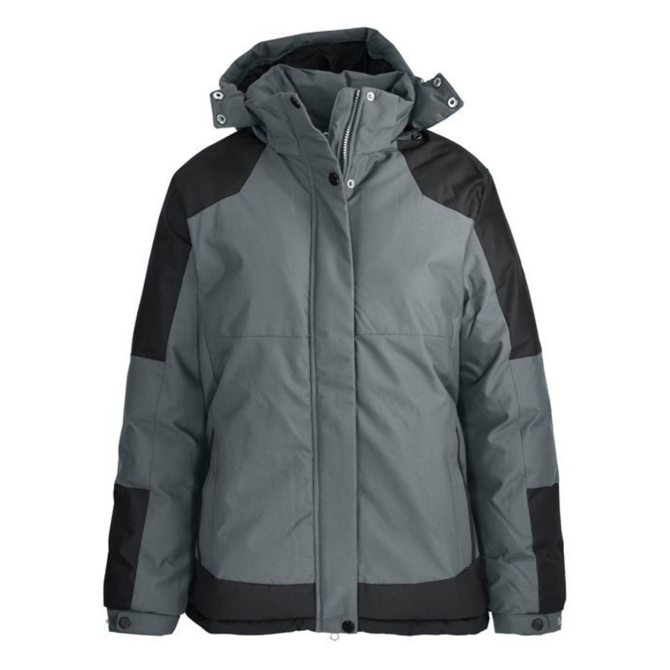 Grey padded waterproof jacket with black contrast panels on shoulders, sleeves and hem, featuring detachable hood