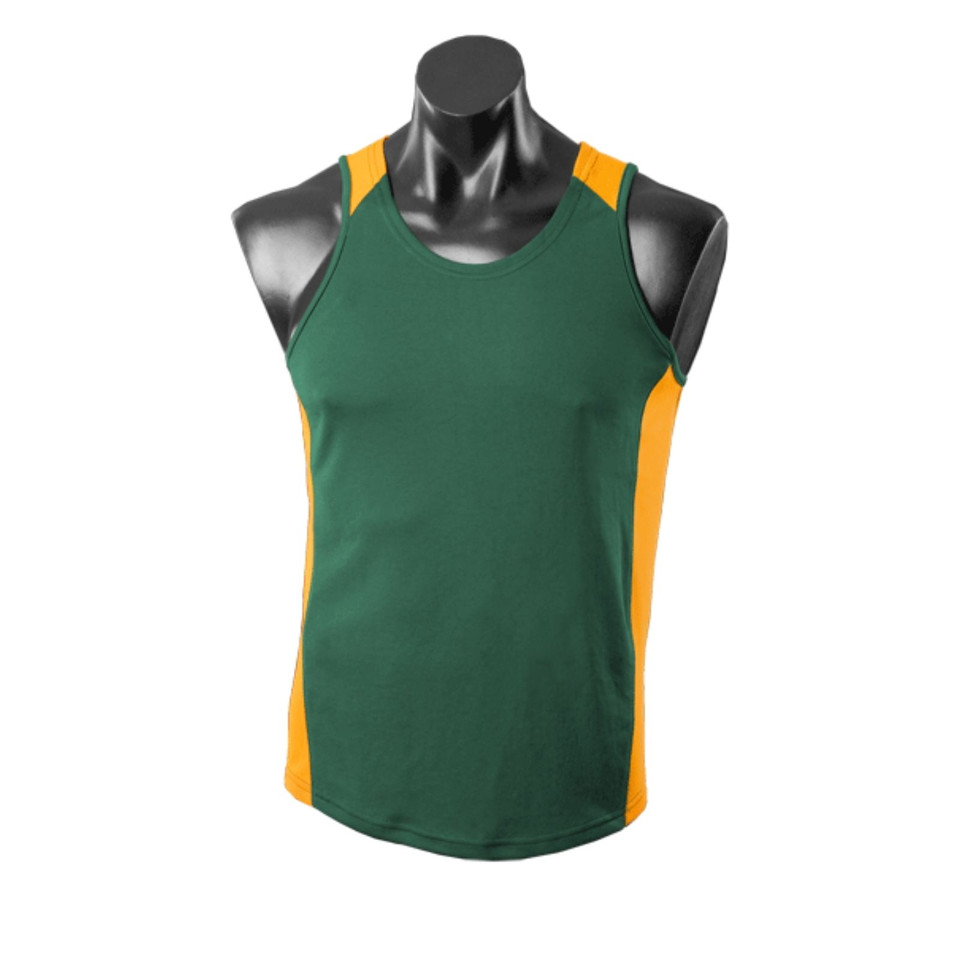 Kids forest green and gold contrast panel mini-waffle knit singlet with scoop neck on mannequin