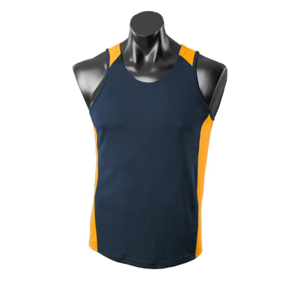Navy blue mini-waffle knit singlet with gold contrast side panels and shoulder binding