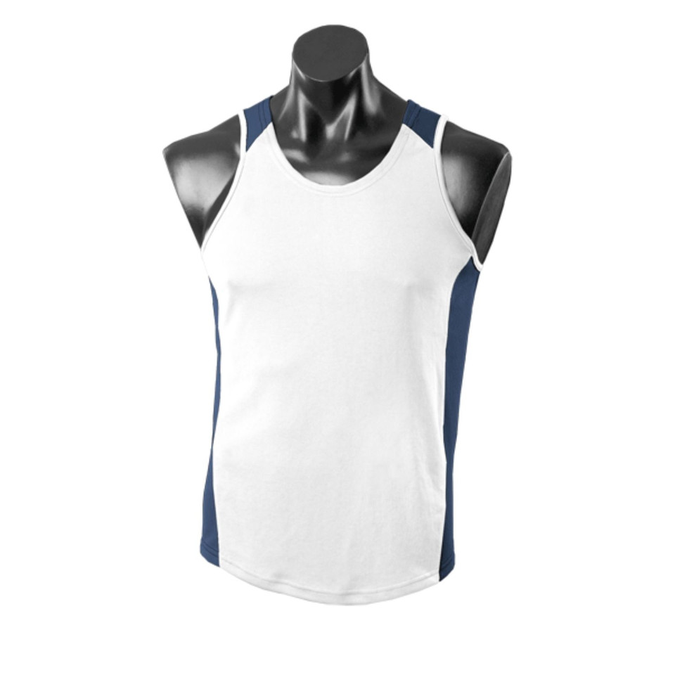 White sleeveless singlet with navy contrast side panels and shoulder inserts in textured mini-waffle knit fabric