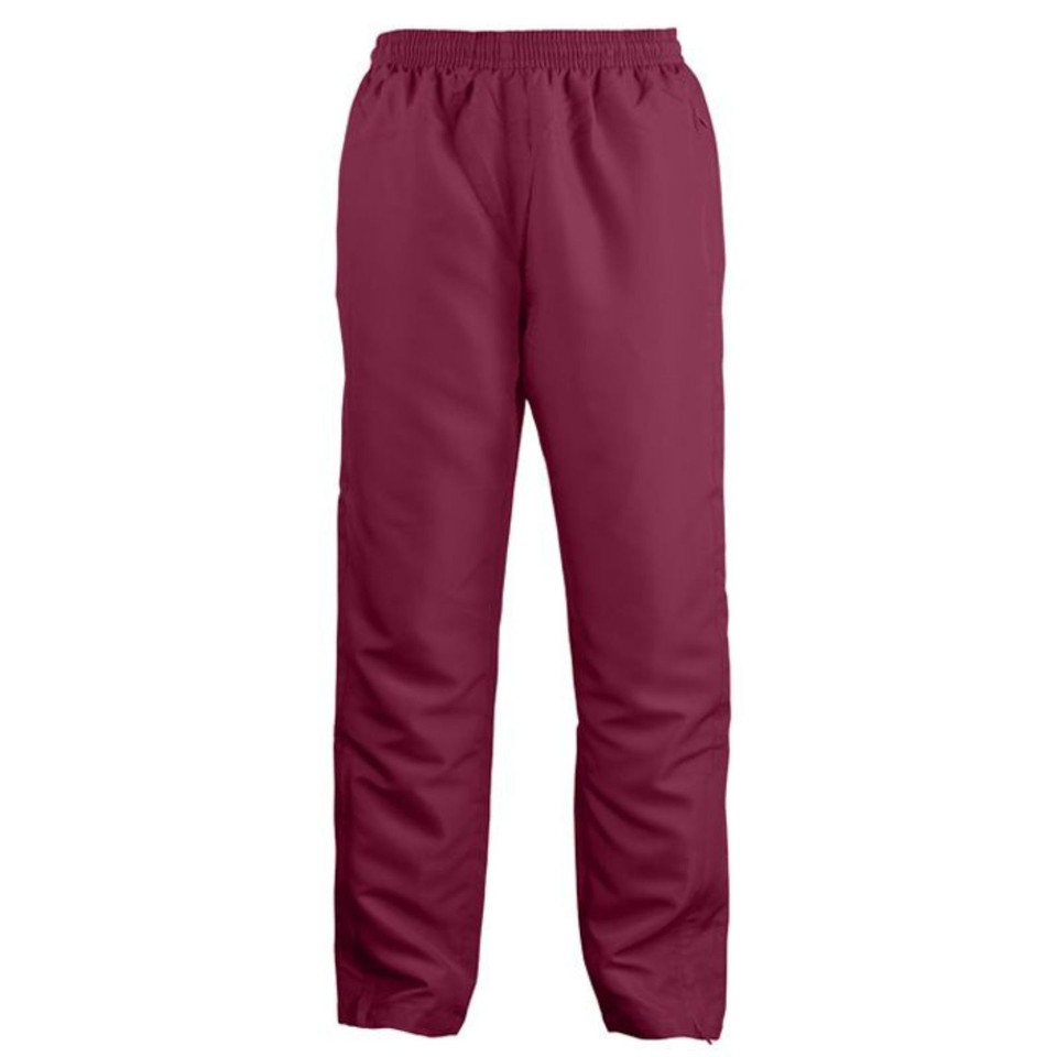 Maroon ripstop track pants with elastic waistband and relaxed fit leg opening