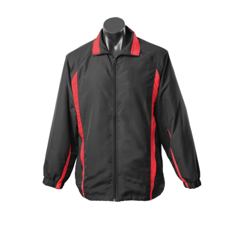 Charcoal grey polyester jacket with red contrast panels on collar, sides and sleeves, featuring full zip front