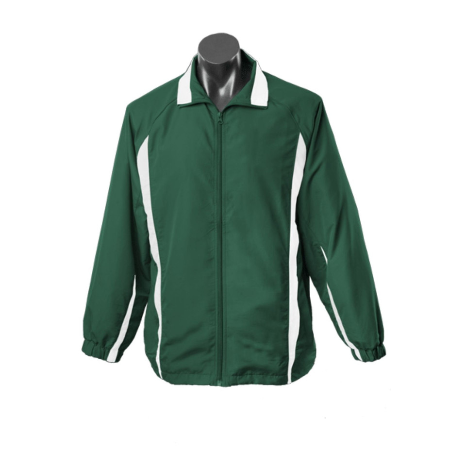 Forest green track jacket with white contrast panels on shoulders and sleeves, full zip front and collar