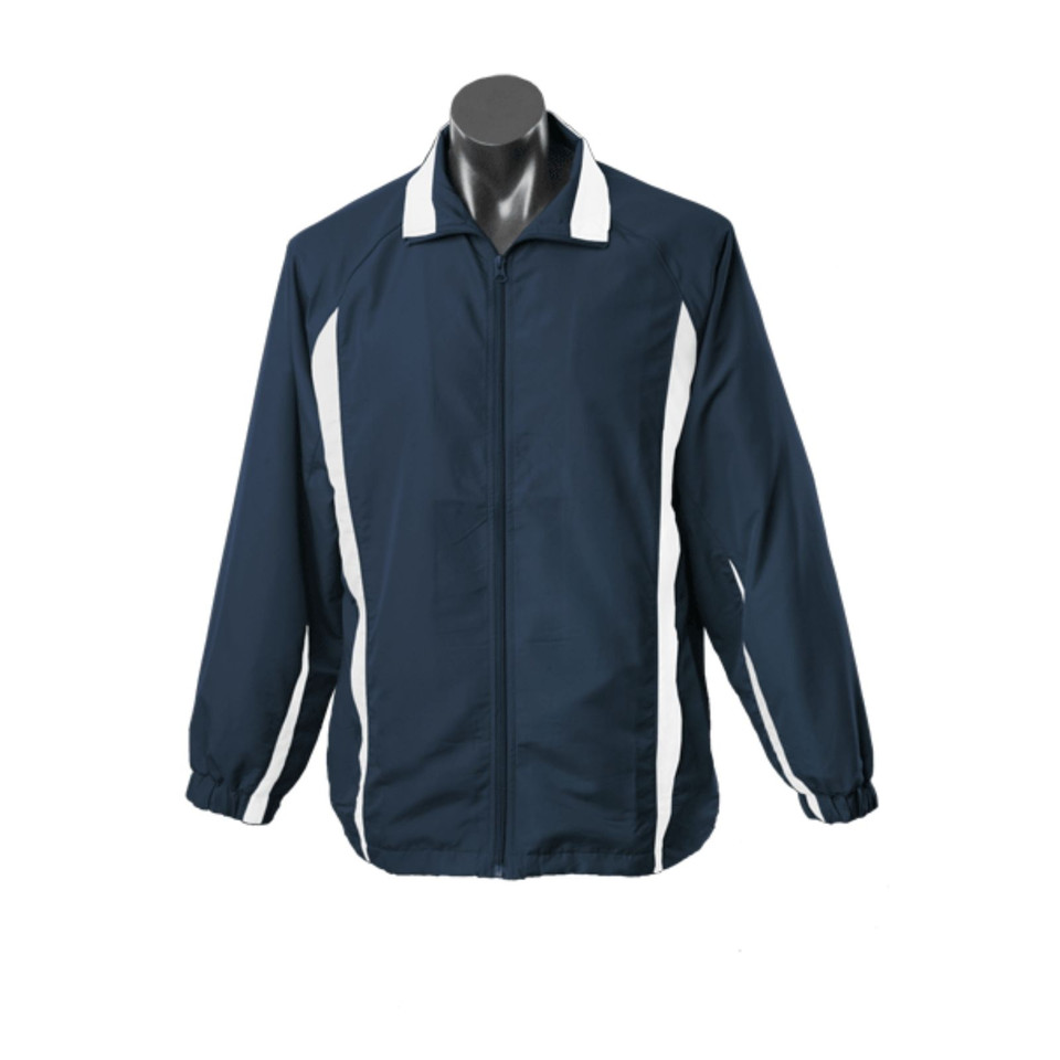 Navy track jacket with white contrast panels on shoulders and sleeves, featuring full zip front and elastic cuffs