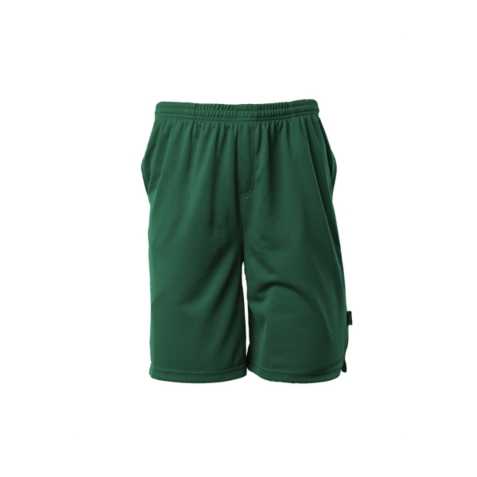Bottle green polyester waffle knit shorts with elastic waistband and side cargo pocket
