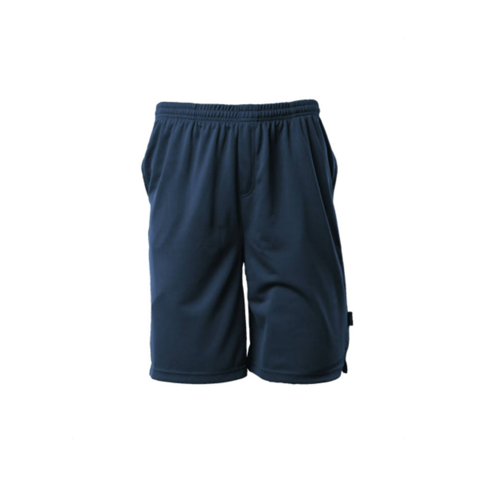 Navy polyester waffle knit shorts with elasticated waistband and side cargo pocket