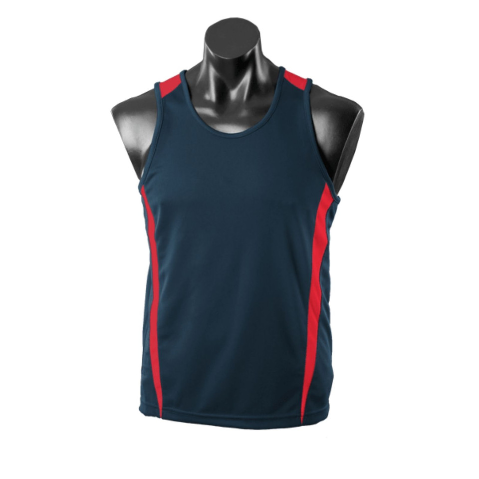 Navy blue kids singlet with red contrast side panels and shoulder accents in mini-waffle fabric