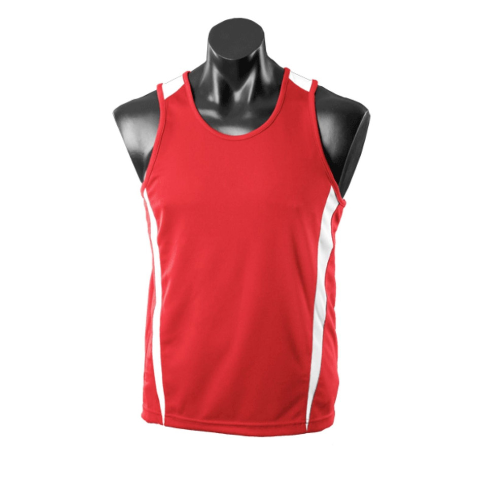 Red kids singlet with white contrast side panels and binding in mini-waffle fabric