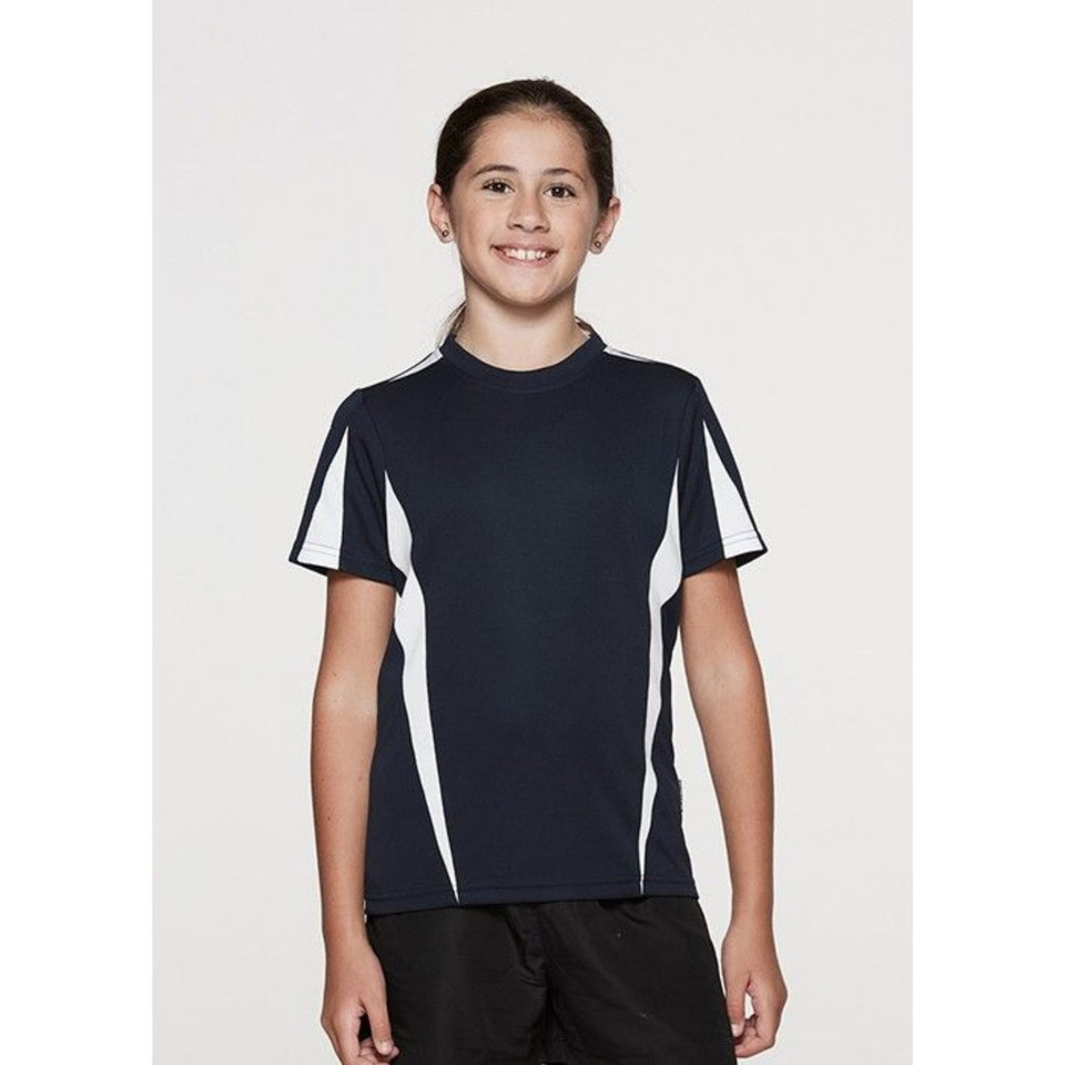 Kids navy sports tee with white contrast side panels and sleeve trim in mini-waffle texture