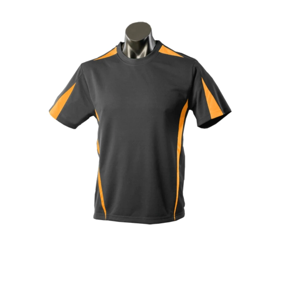 Charcoal grey mini-waffle sports tee with gold contrast panels on shoulders and sleeves