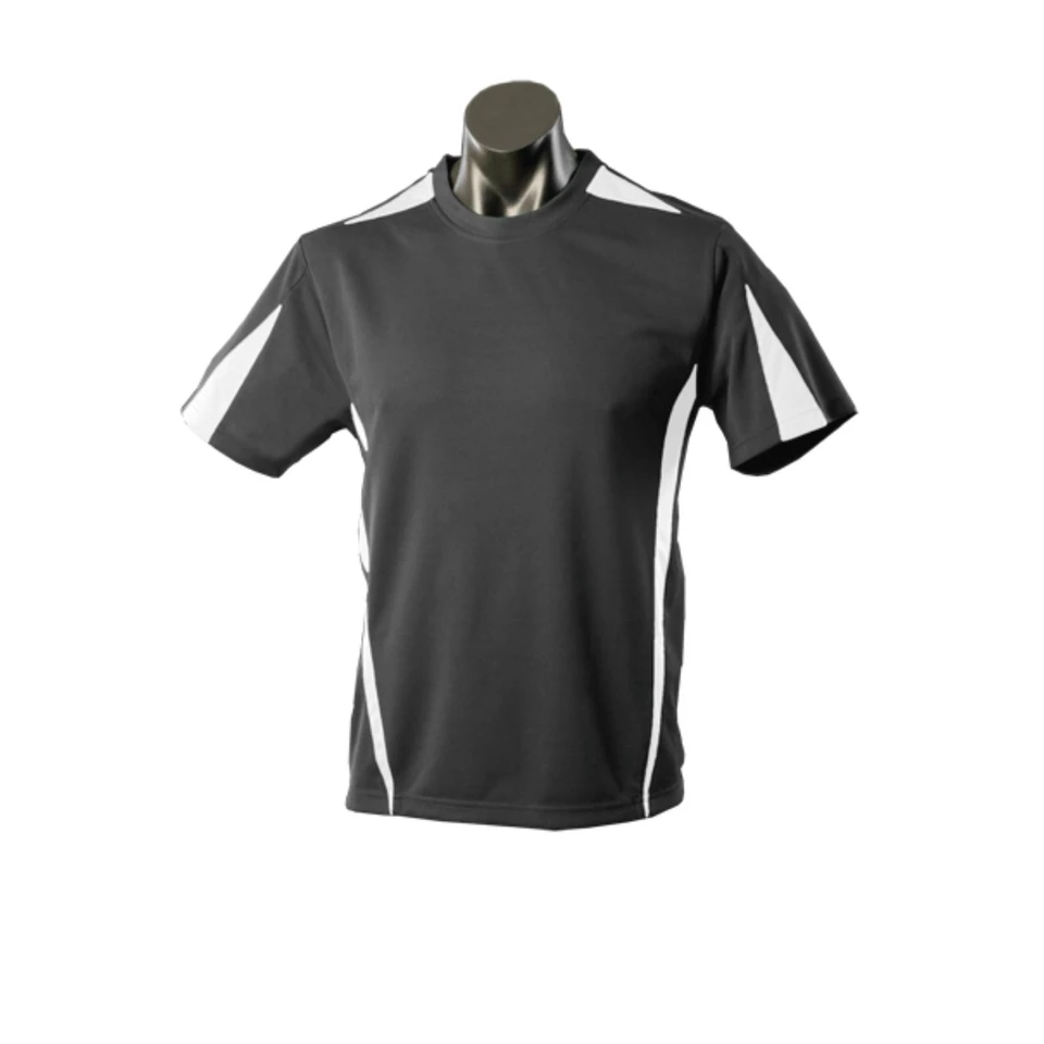 Charcoal mini-waffle sports tee with white contrast panels on shoulders and sides
