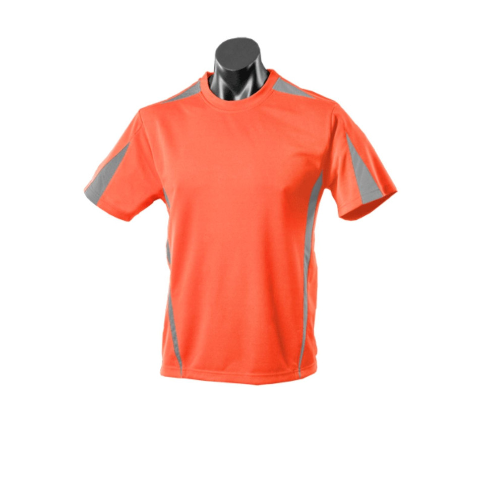Fluorescent orange kids sports tee with charcoal contrast side panels and shoulder trim in mini-waffle fabric