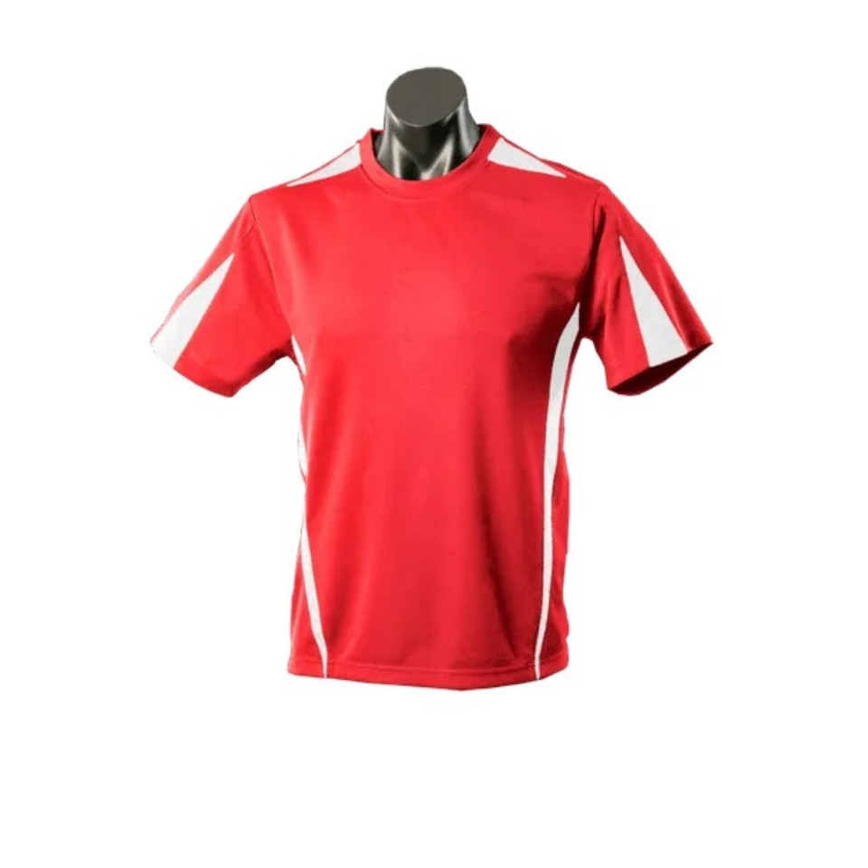 Red sports tee with white contrast side panels and sleeve trim in mini-waffle texture