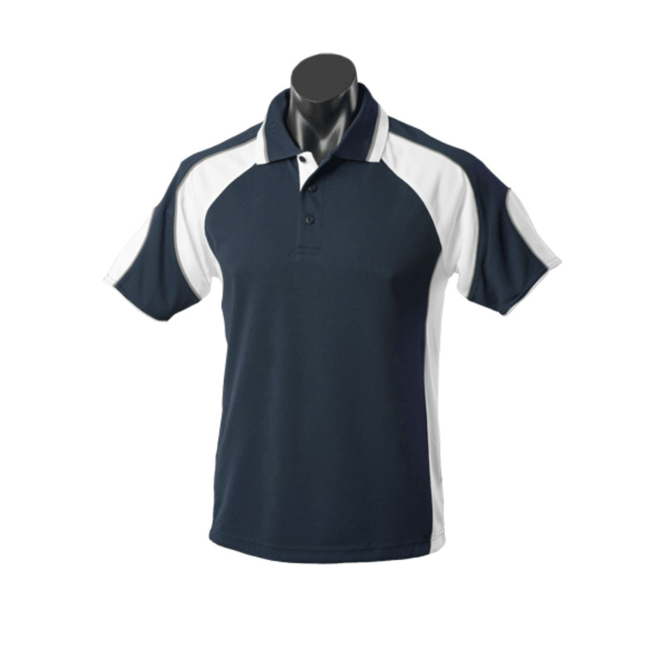 Navy sports polo with white and grey contrast panels on shoulders and sleeves
