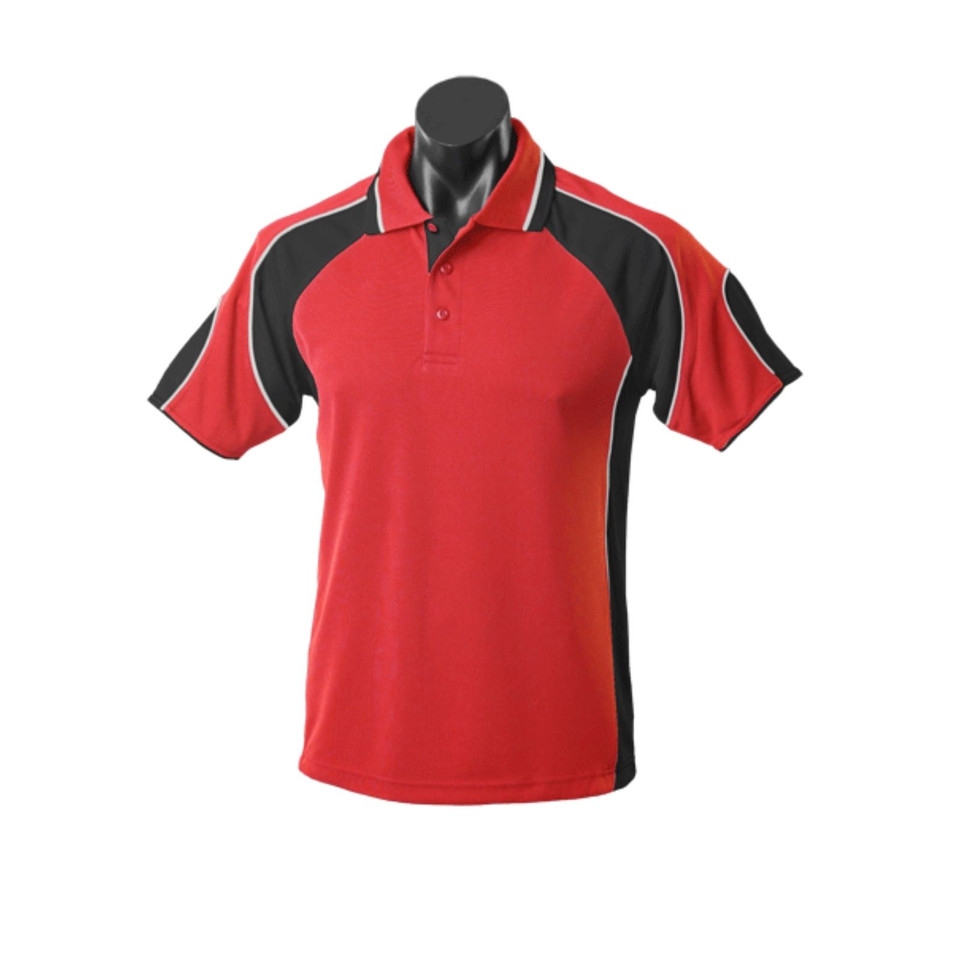 Red sports polo with charcoal and white contrast panels on sides and sleeves, featuring collar tipping