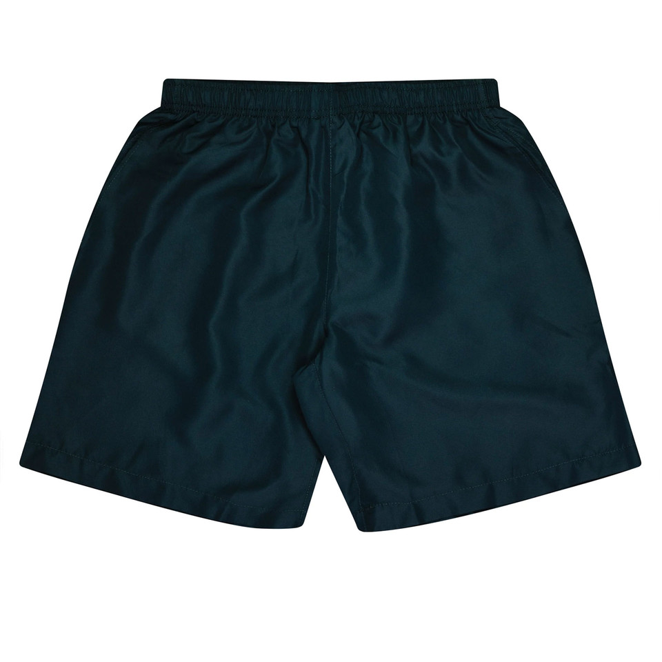 Deep teal kids' athletic shorts with elastic waistband and smooth nylon construction