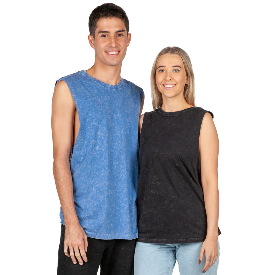 Woman wearing black stone washed cotton sleeveless tank with raw edge neckline, man in blue tank alongside
