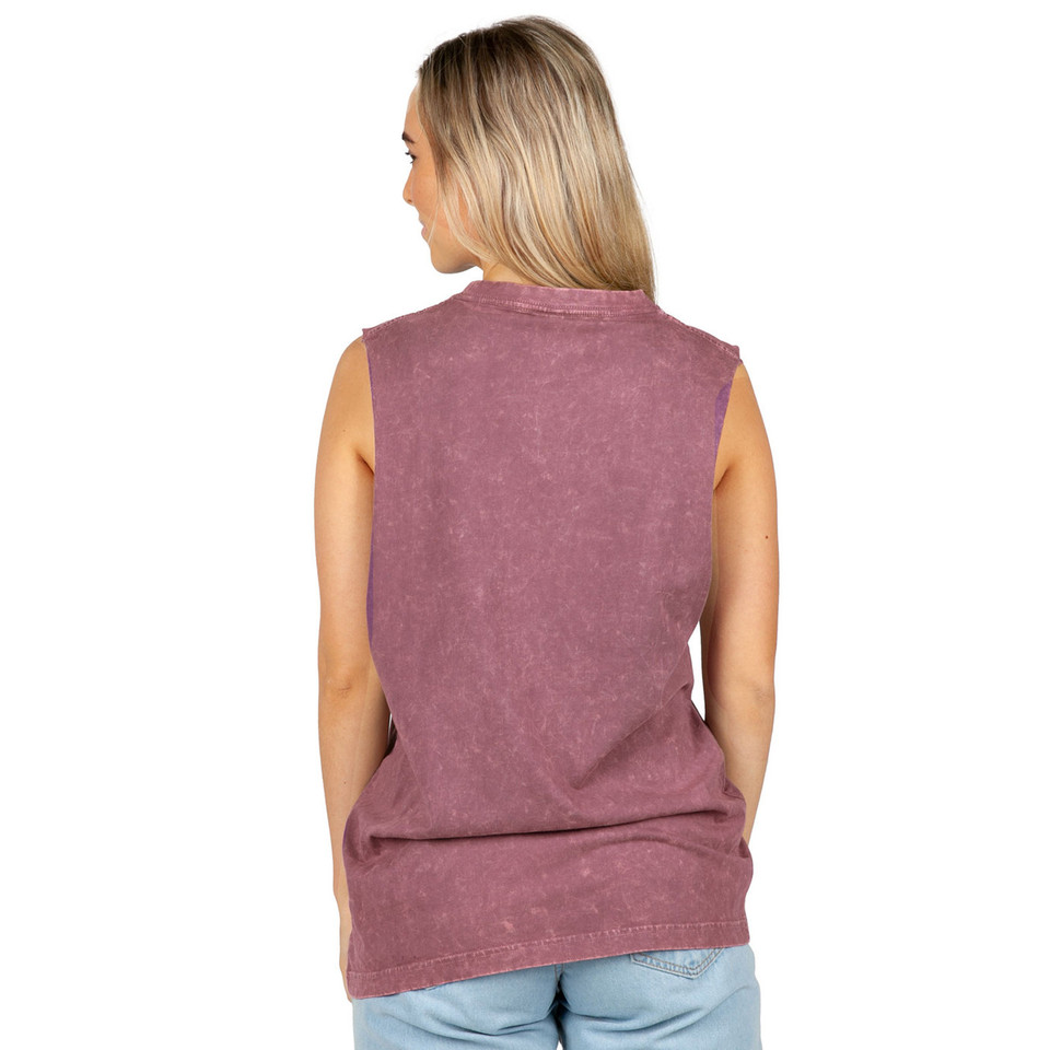 Back view of dusty mauve stonewashed sleeveless cotton tank with relaxed fit and ribbed hem