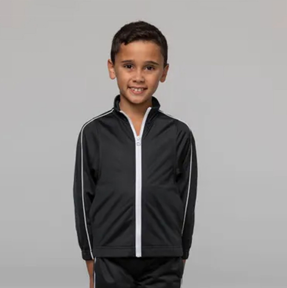 Child wearing black full-zip sports jacket with white contrast piping on front and sleeves