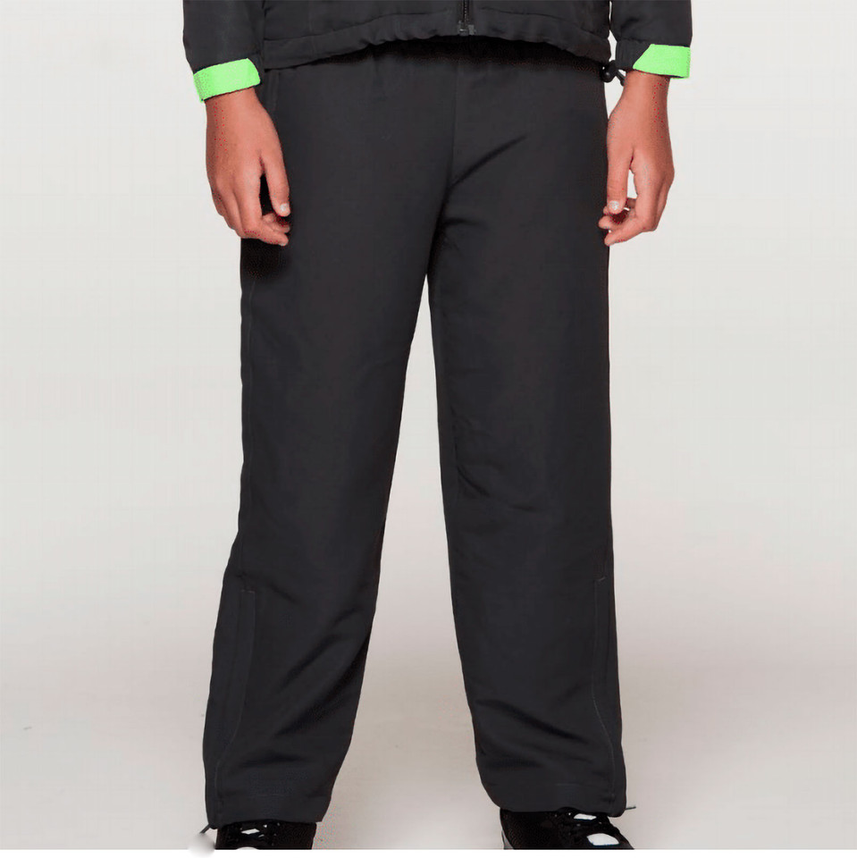 Charcoal grey ripstop track pants with relaxed fit and elastic waistband, featuring contrast lime green cuff details