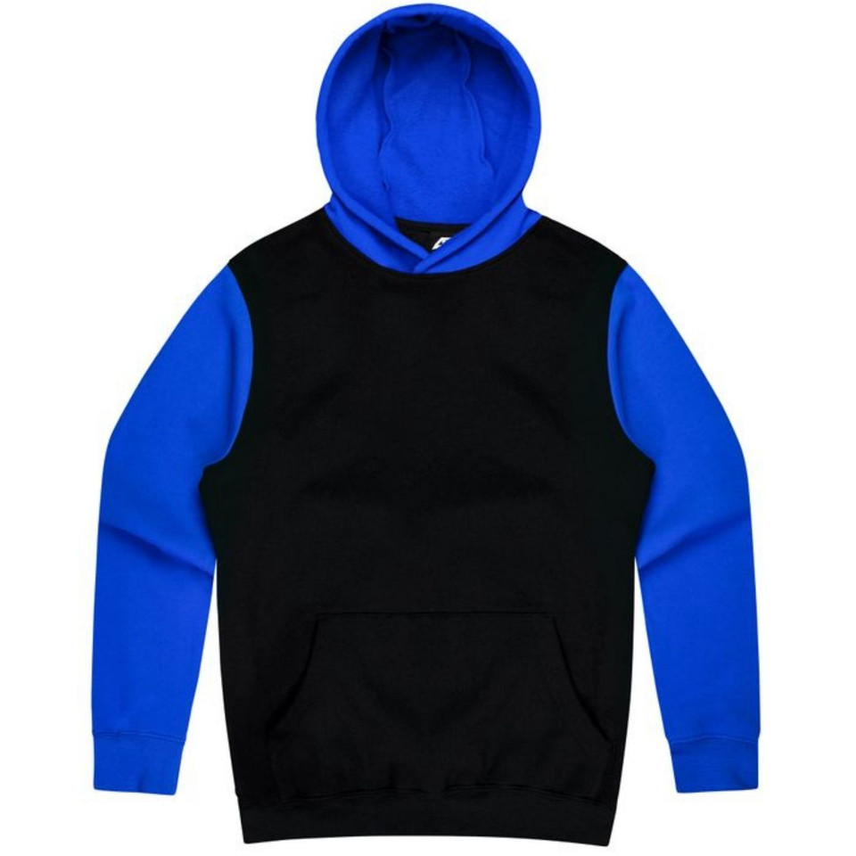 Black fleece hoodie with royal blue contrast sleeves and hood, kangaroo pocket visible