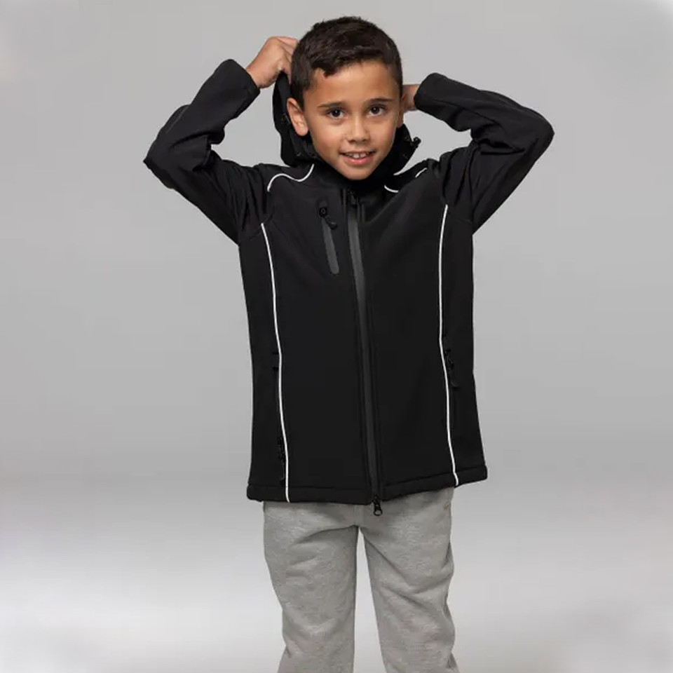 Black softshell jacket with white piping detail and hood, featuring full zip front closure
