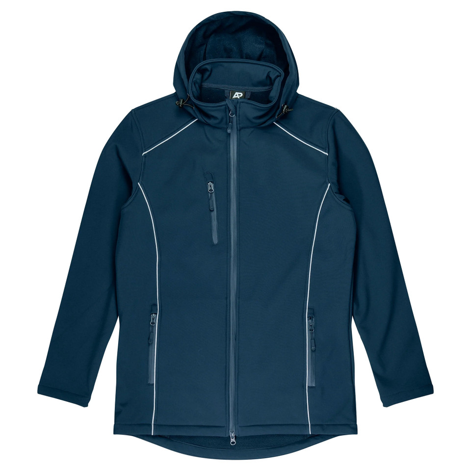 Navy kids softshell jacket with hood, white contrast piping along seams and zippered chest pocket