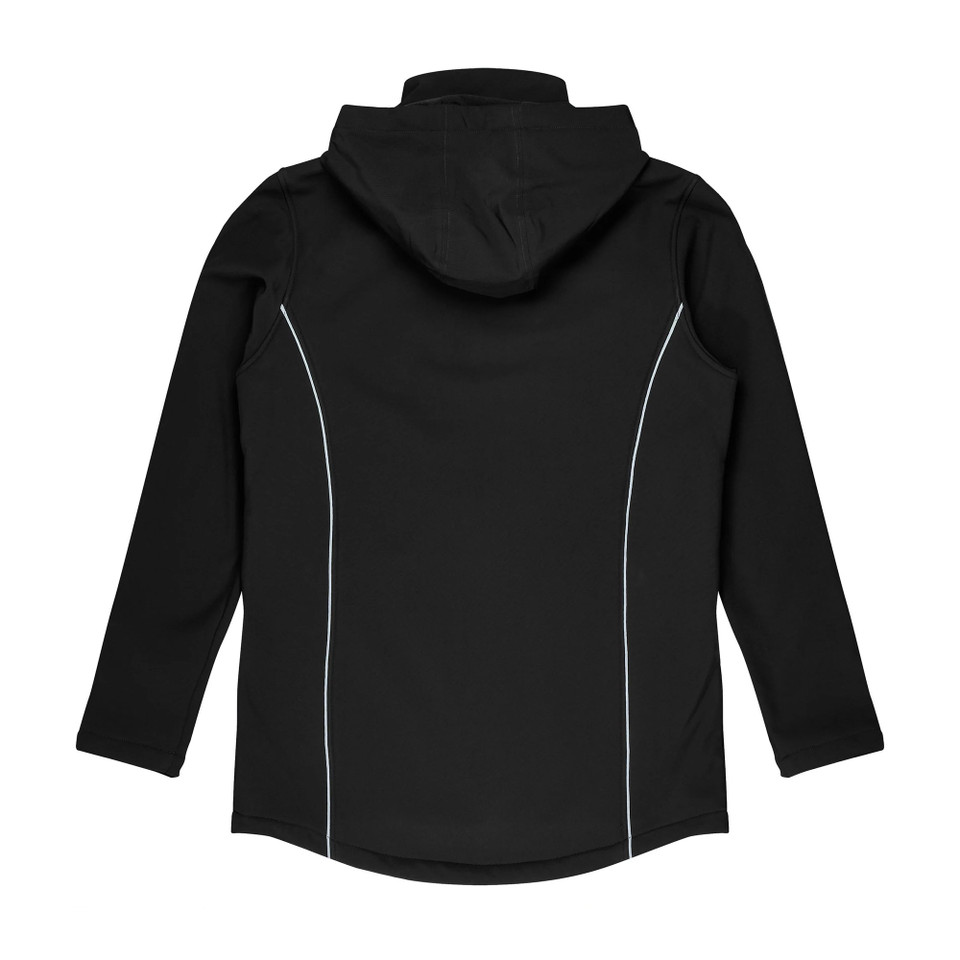 Black kids softshell hooded jacket rear view with white contrast seam piping and panelled construction