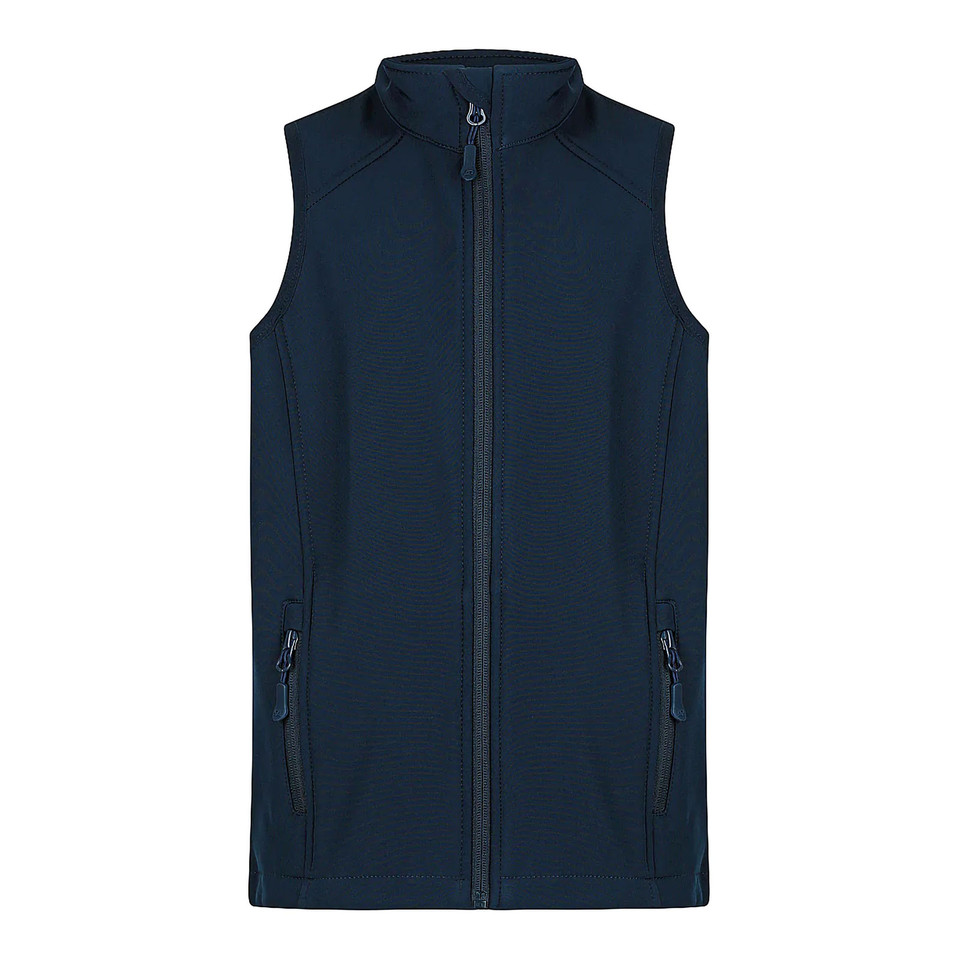 Navy Selwyn Kids 2-Layer Performance Softshell Vest, a durable, wind-resistant bodywarmer ideal for children's uniforms or outdoor activities.
