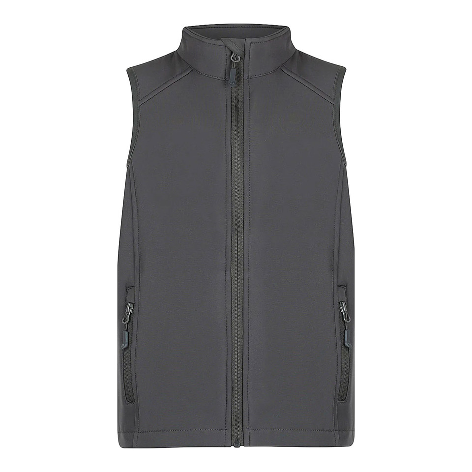 Slate Grey Selwyn Kids 2-Layer Performance Softshell Vest, a durable, wind-resistant bodywarmer ideal for children's uniforms or outdoor activities.