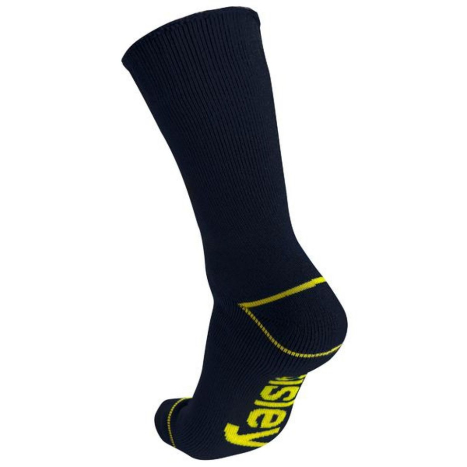 Navy work sock with yellow reinforced heel and toe panels and ribbed cuff
