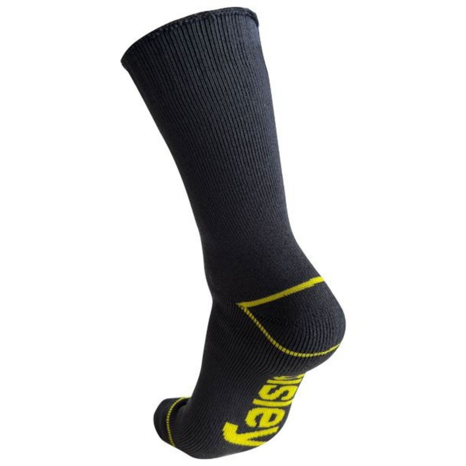 Black crew-length work sock with yellow heel accent and branding, ribbed shaft, packshot rear view