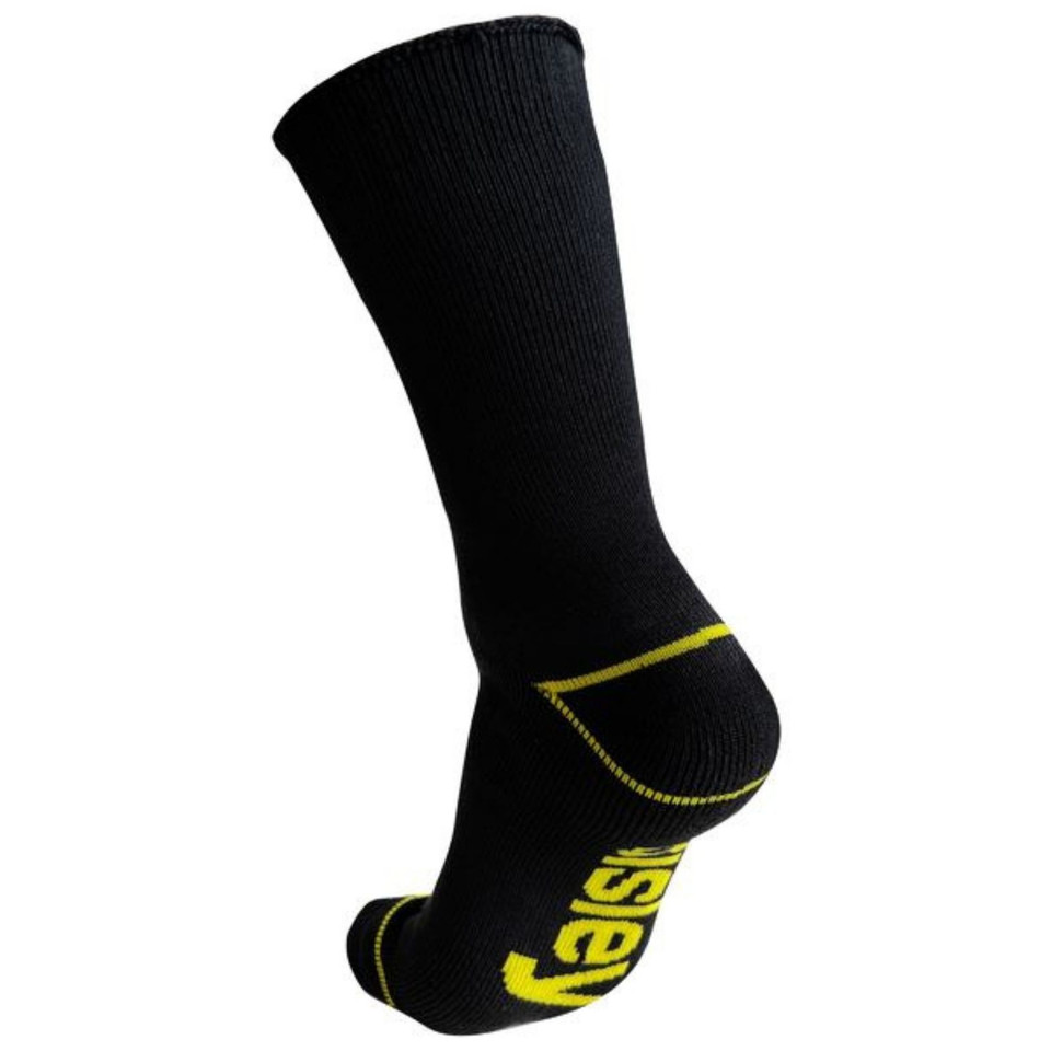 Black bamboo work sock with yellow reinforced heel and toe sections plus underfoot branding