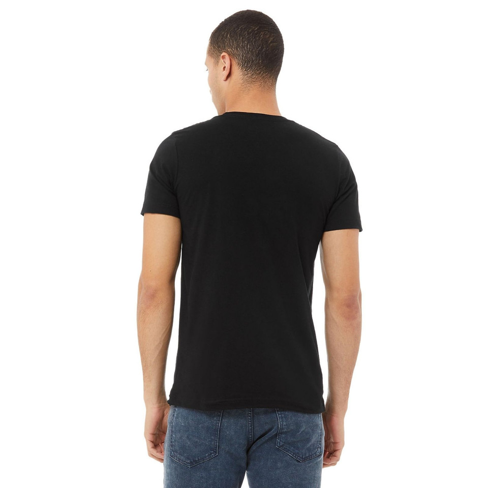Black unisex crew neck tee in premium cotton jersey shown from back, smooth finish with set-in sleeves