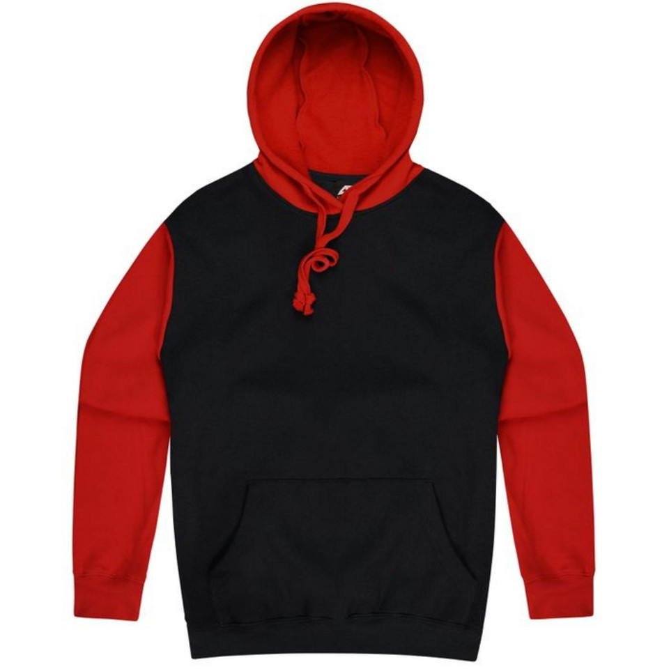 Black body hoodie with bright red sleeves, hood and contrast drawcords with front kangaroo pocket